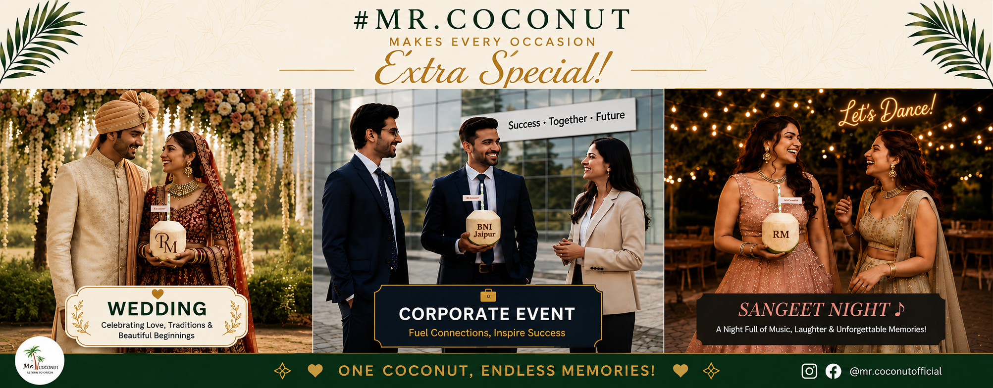 Customized coconut drinks for wedding guests at tropical wedding celebration