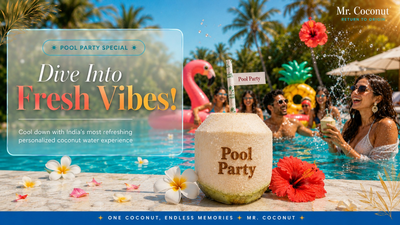 Personalized coconut drinks with custom names served at a luxury pool party