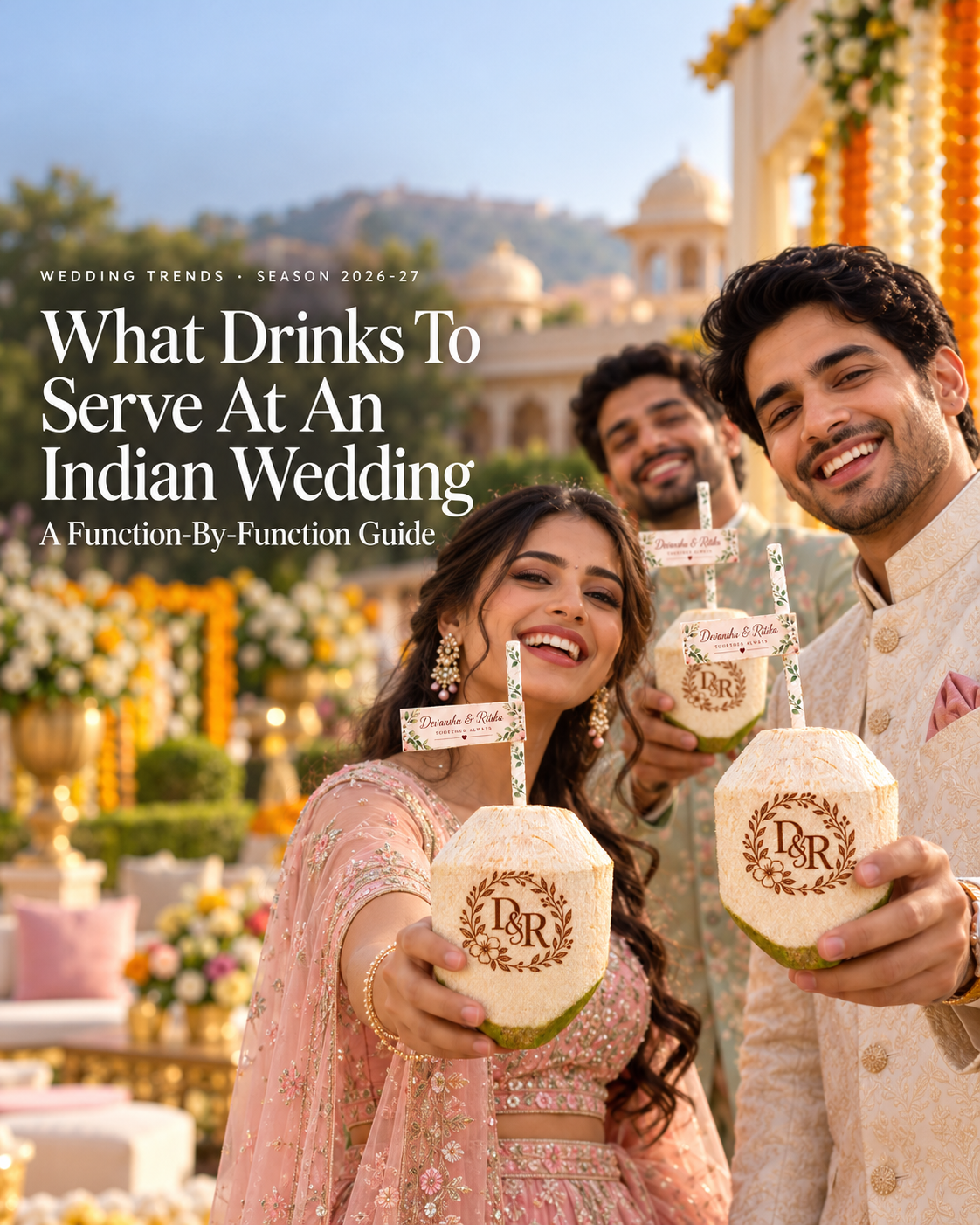 Guests at a daytime Indian wedding holding engraved coconuts from a live Mr. Coconut station