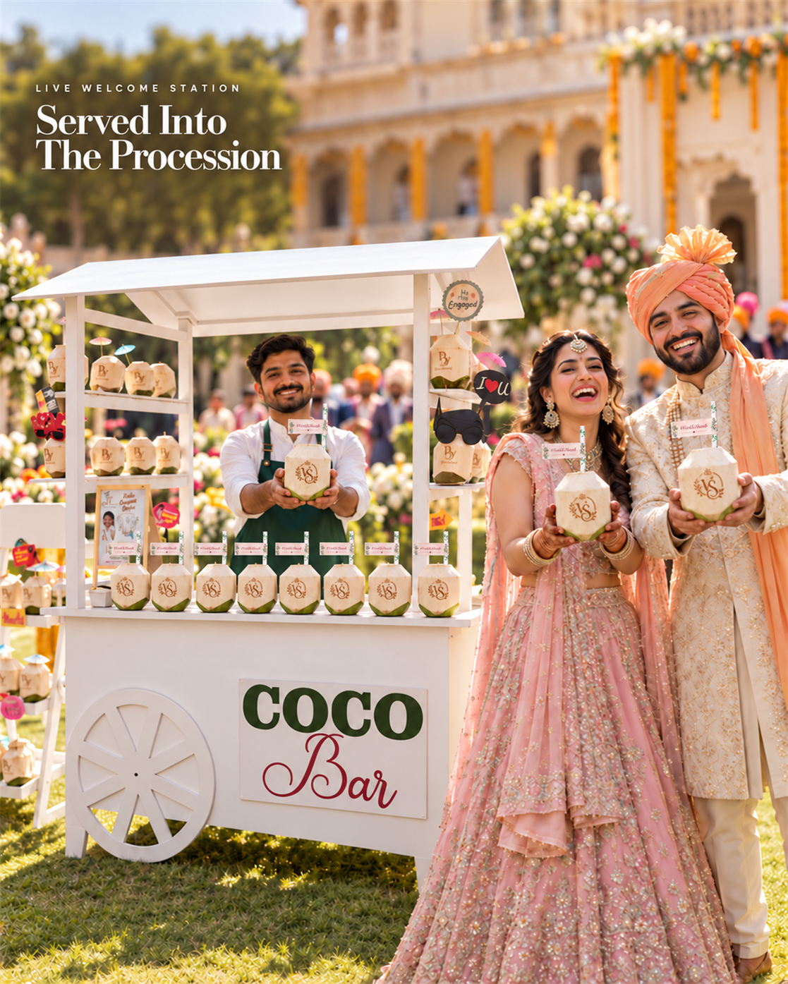 Non-alcoholic baraat welcome drinks served from a Mr. Coconut live station at a destination wedding