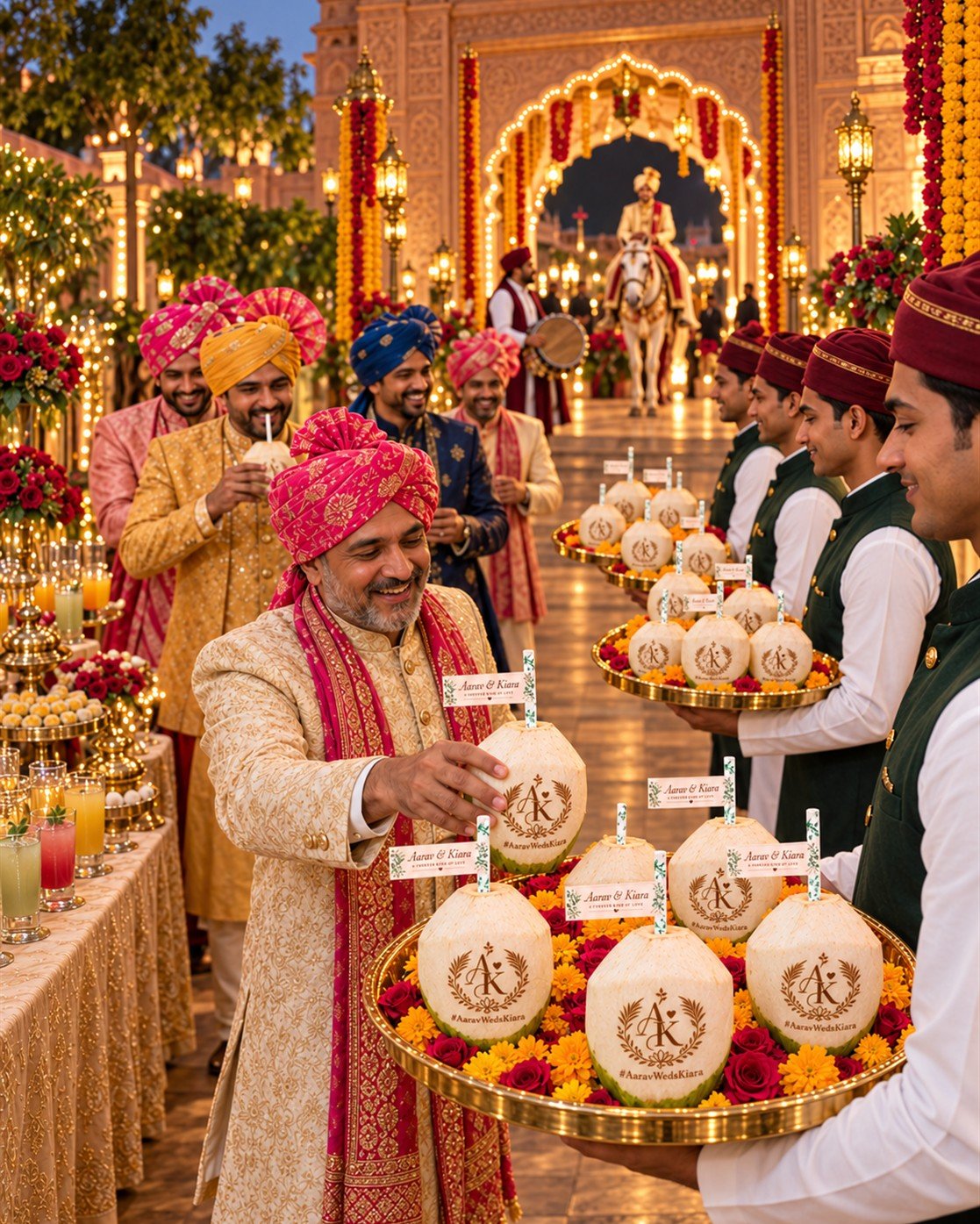 Baraatis taking personalized engraved Mr. Coconut coconuts from golden thalis held by coconut boys at a baraat welcome