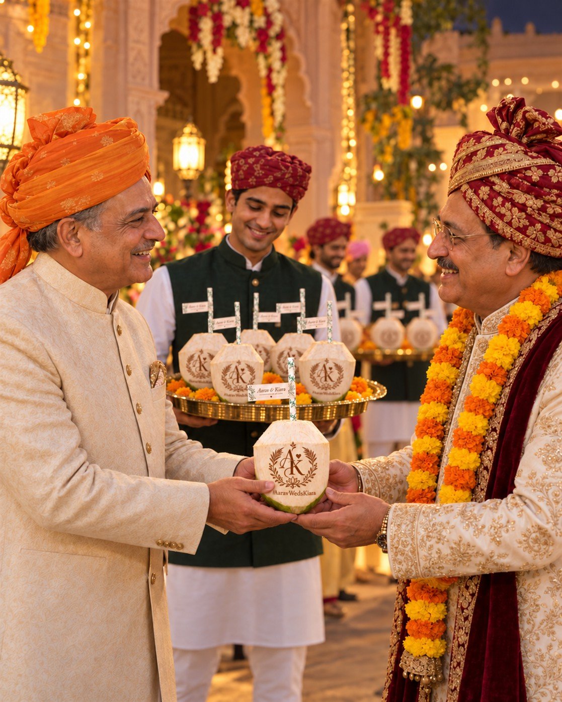 Bride's father offering a personalized engraved Mr. Coconut coconut to the groom's father at a baraat welcome