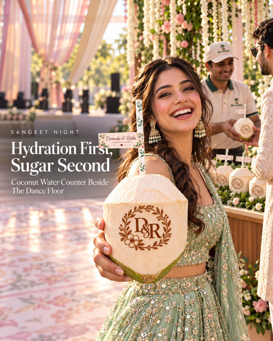 Guest holding an engraved coconut at a daytime sangeet with a Mr. Coconut counter beside the dance floor