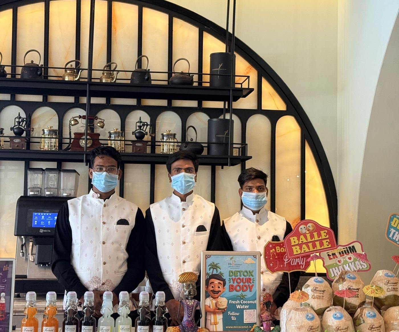 Mr. Coconut counter display with engraved coconuts