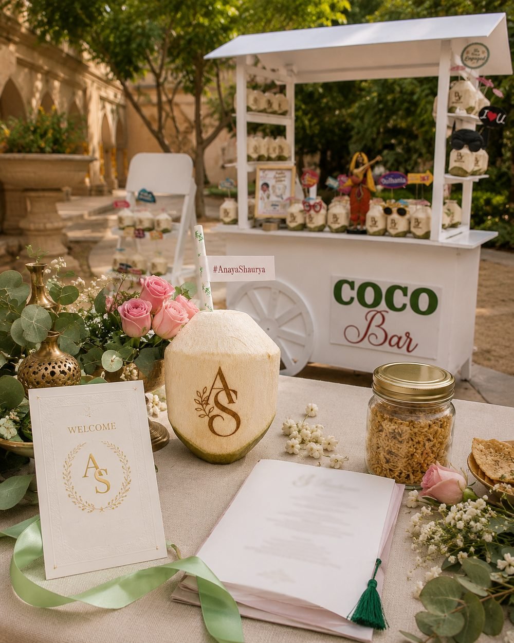 Monogram engraved coconut with hashtag straw flag on an engagement welcome table beside the Mr. Coconut Coco Bar