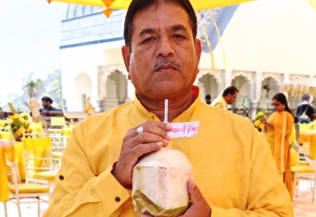Happy customers drinking customized coconut water at wedding celebration